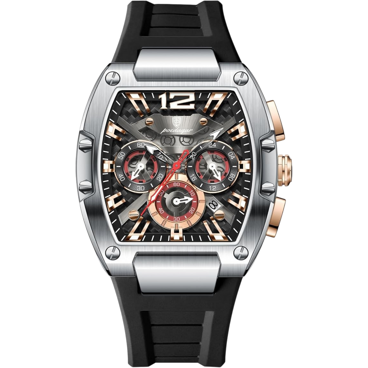 Poedagar Luxury Mens Sport Watch Tonneau Case Silicone Strap  Waterproof 9051
