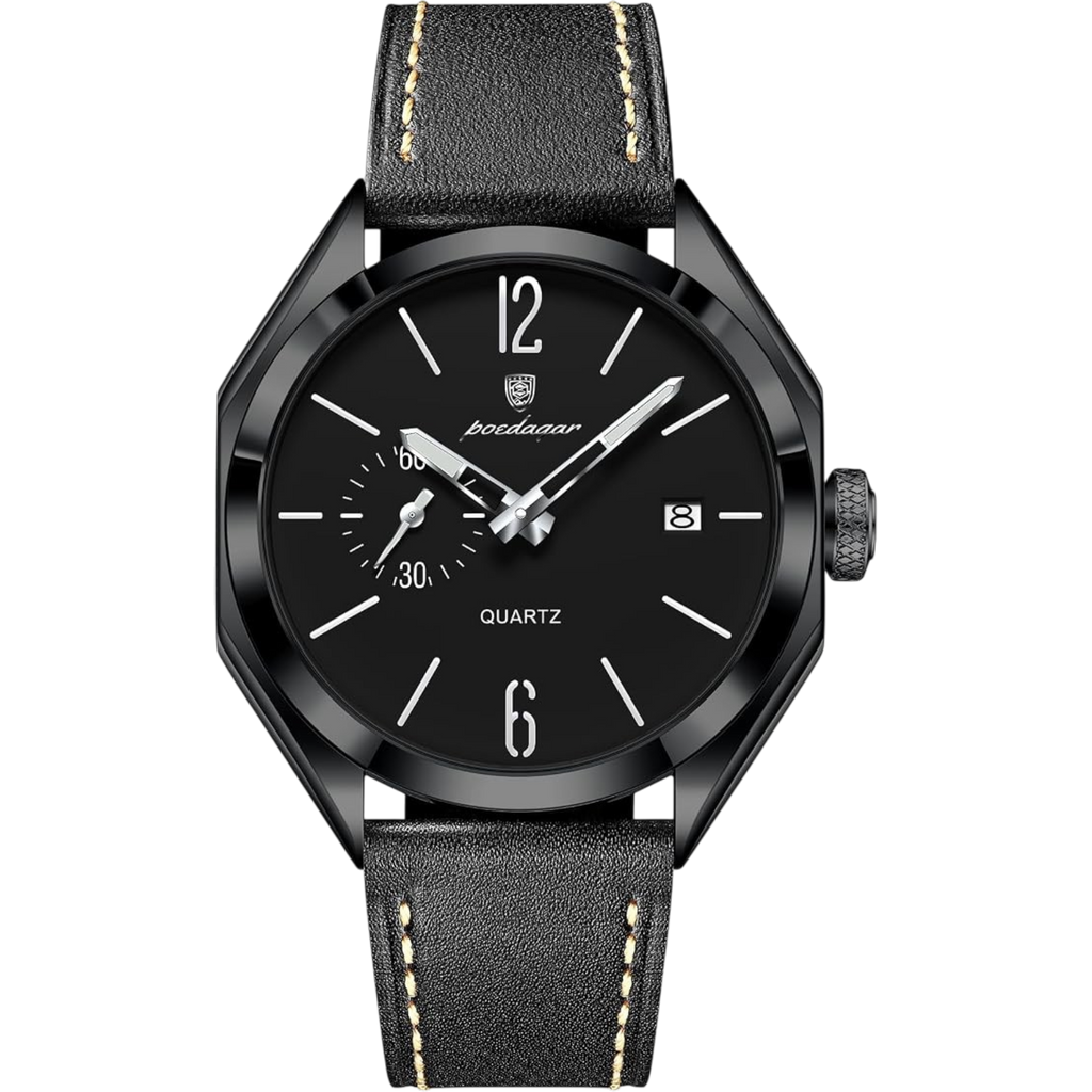 Poedagar Men Quartz Watch Geometric Dial Leather Strap Waterproof Casual Wrist Watch