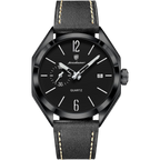 Poedagar Men Quartz Watch Geometric Dial Leather Strap Waterproof Casual Wrist Watch