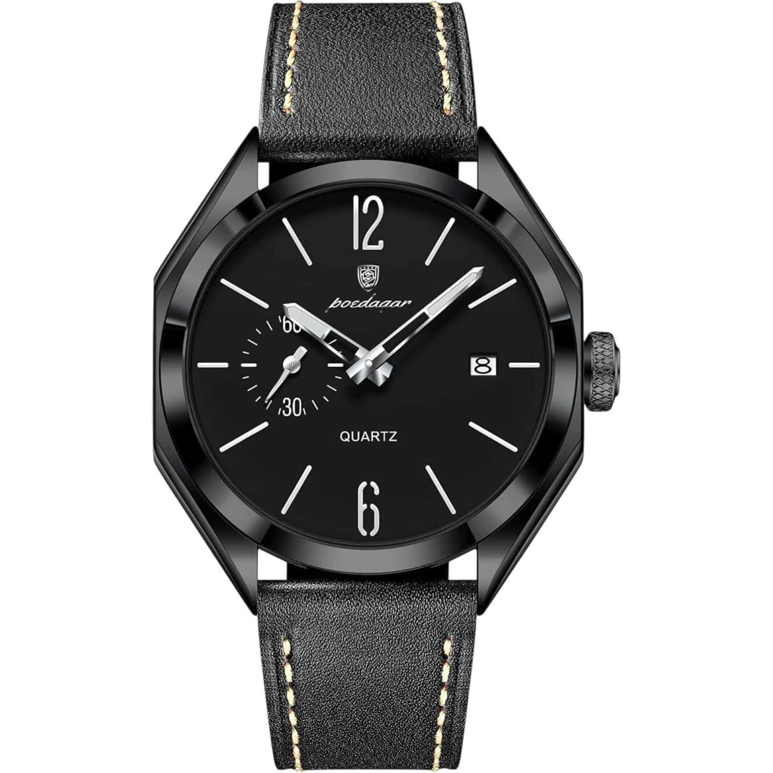 Poedagar Men Quartz Watch Geometric Dial Leather Strap Waterproof Casual Wrist Watch