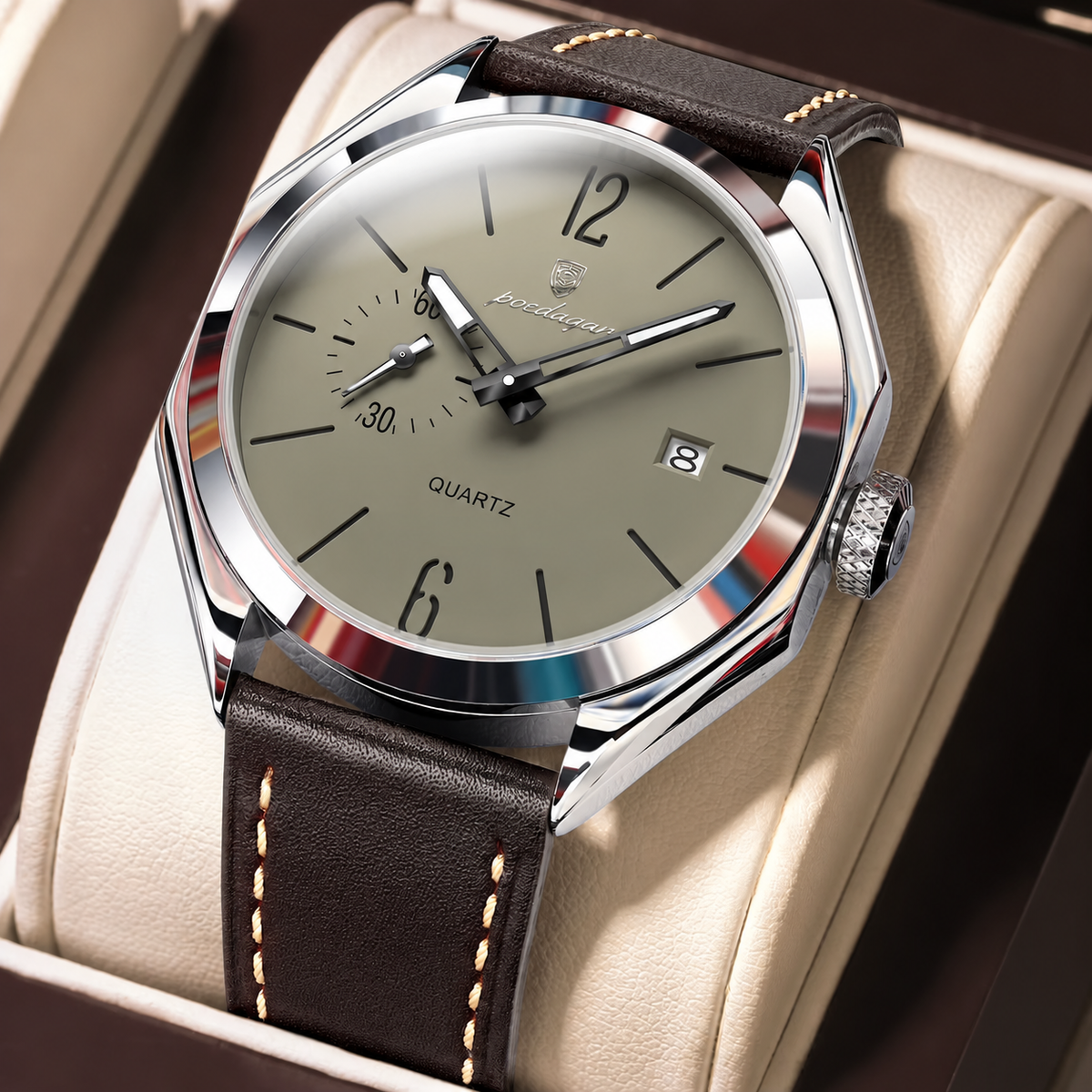 Poedagar Men Quartz Watch Geometric Dial Leather Strap Waterproof Casual Wrist Watch