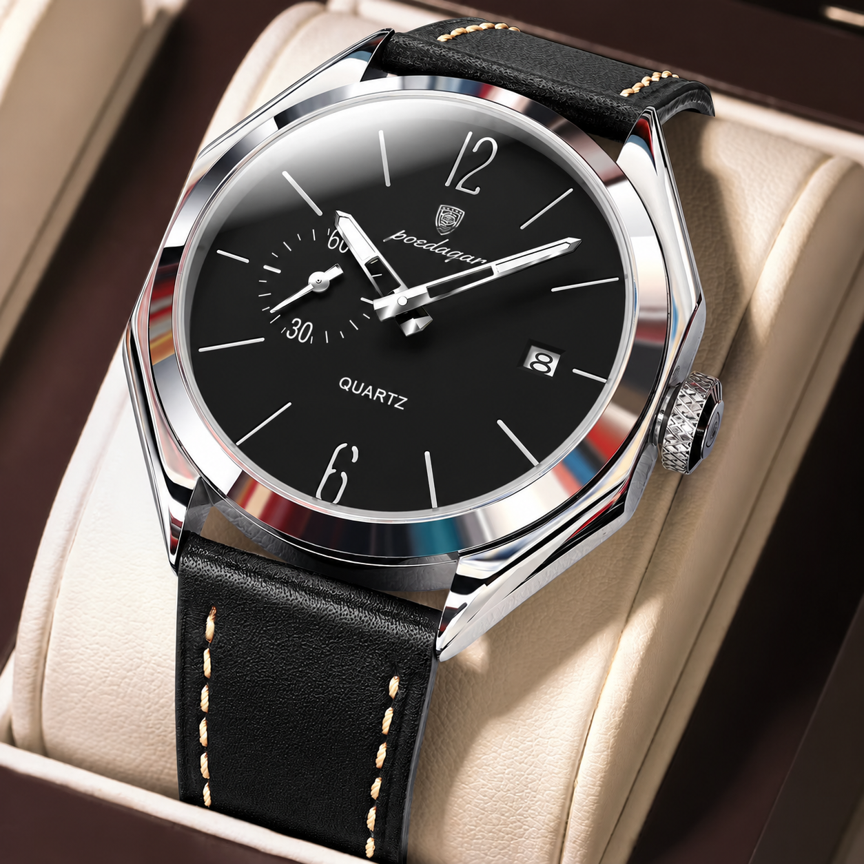 Poedagar Men Quartz Watch Geometric Dial Leather Strap Waterproof Casual Wrist Watch
