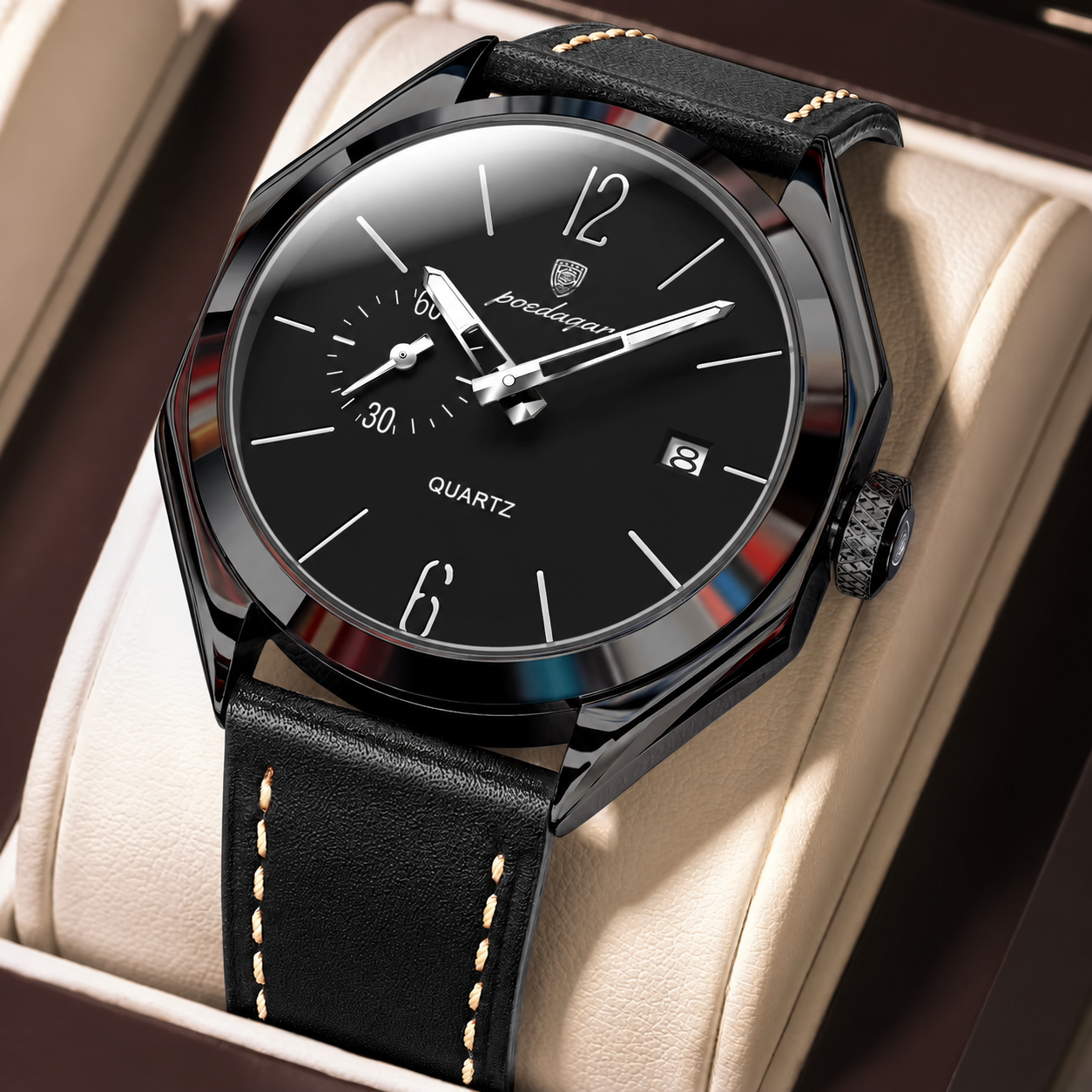 Poedagar Men Quartz Watch Geometric Dial Leather Strap Waterproof Casual Wrist Watch