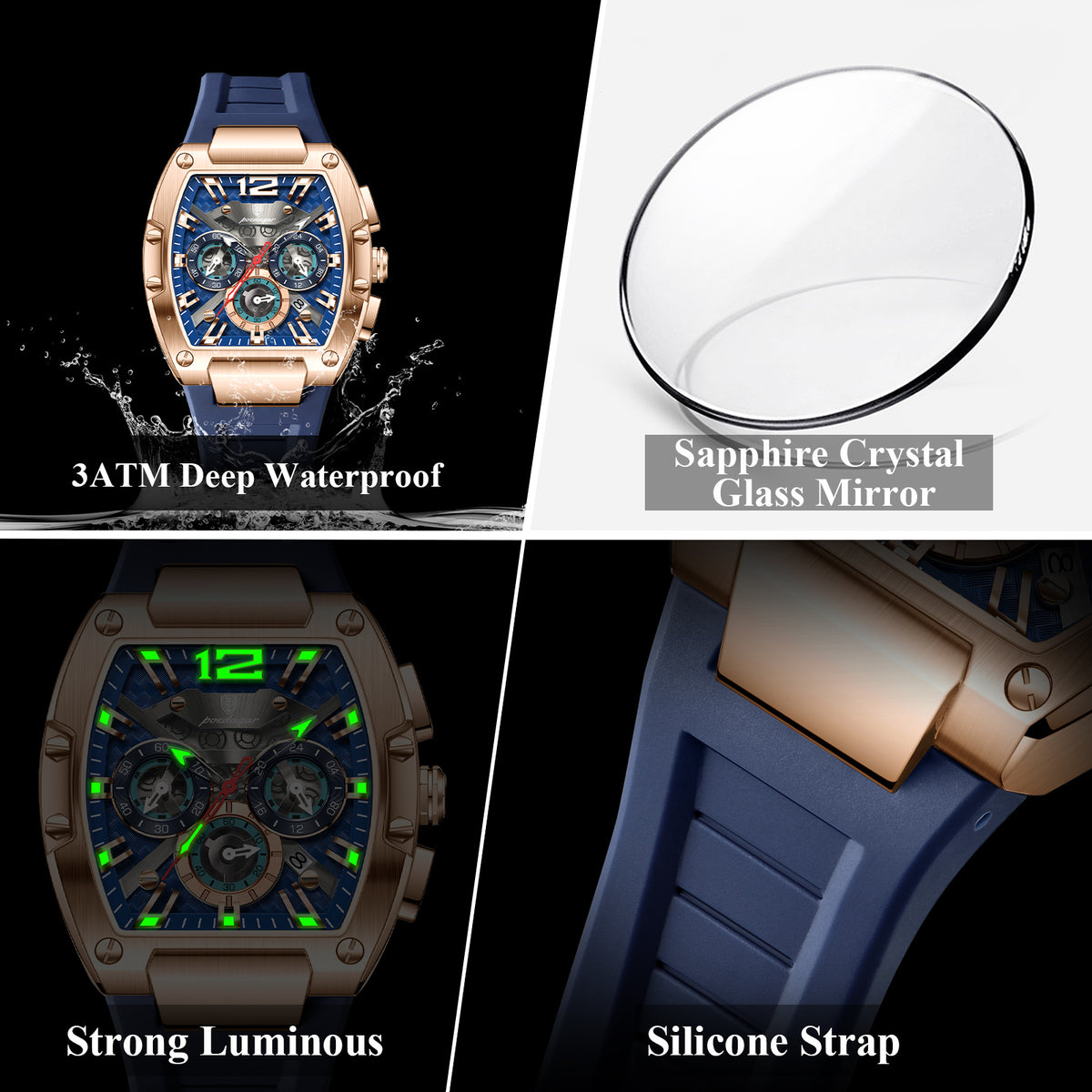 Poedagar Luxury Mens Sport Watch Tonneau Case Silicone Strap  Waterproof 9051