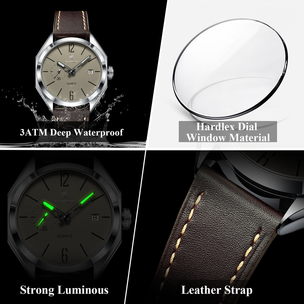 Poedagar Men Quartz Watch Geometric Dial Leather Strap Waterproof Casual Wrist Watch