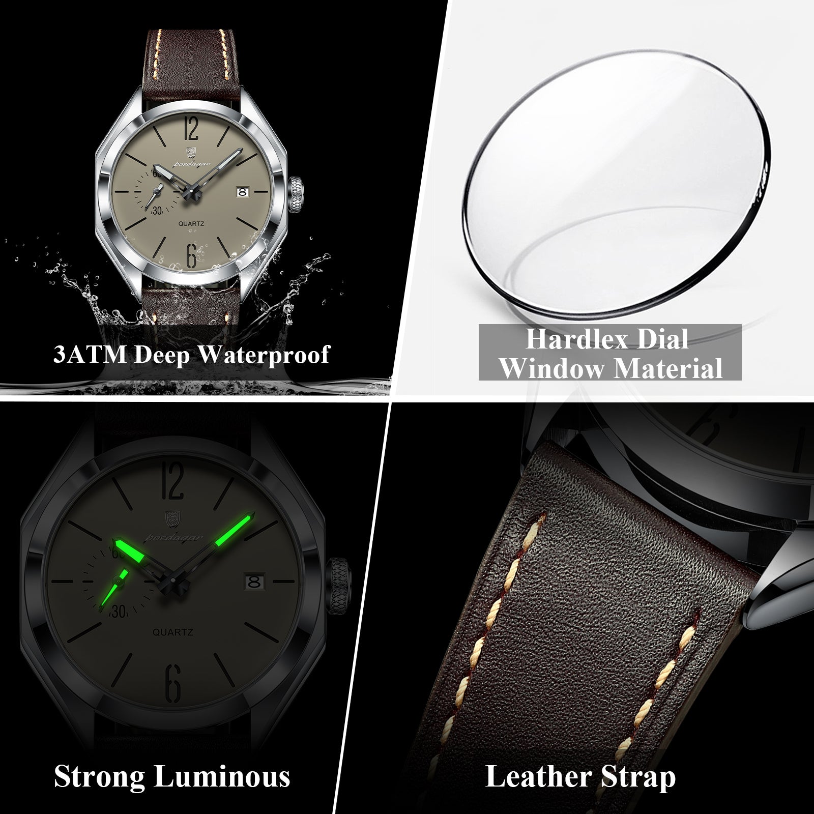 Poedagar Men Quartz Watch Geometric Dial Leather Strap Waterproof Casual Wrist Watch