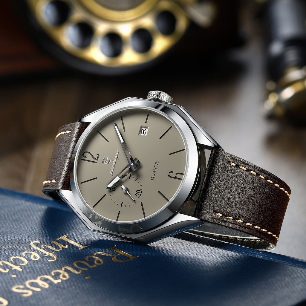 Poedagar Men Quartz Watch Geometric Dial Leather Strap Waterproof Casual Wrist Watch