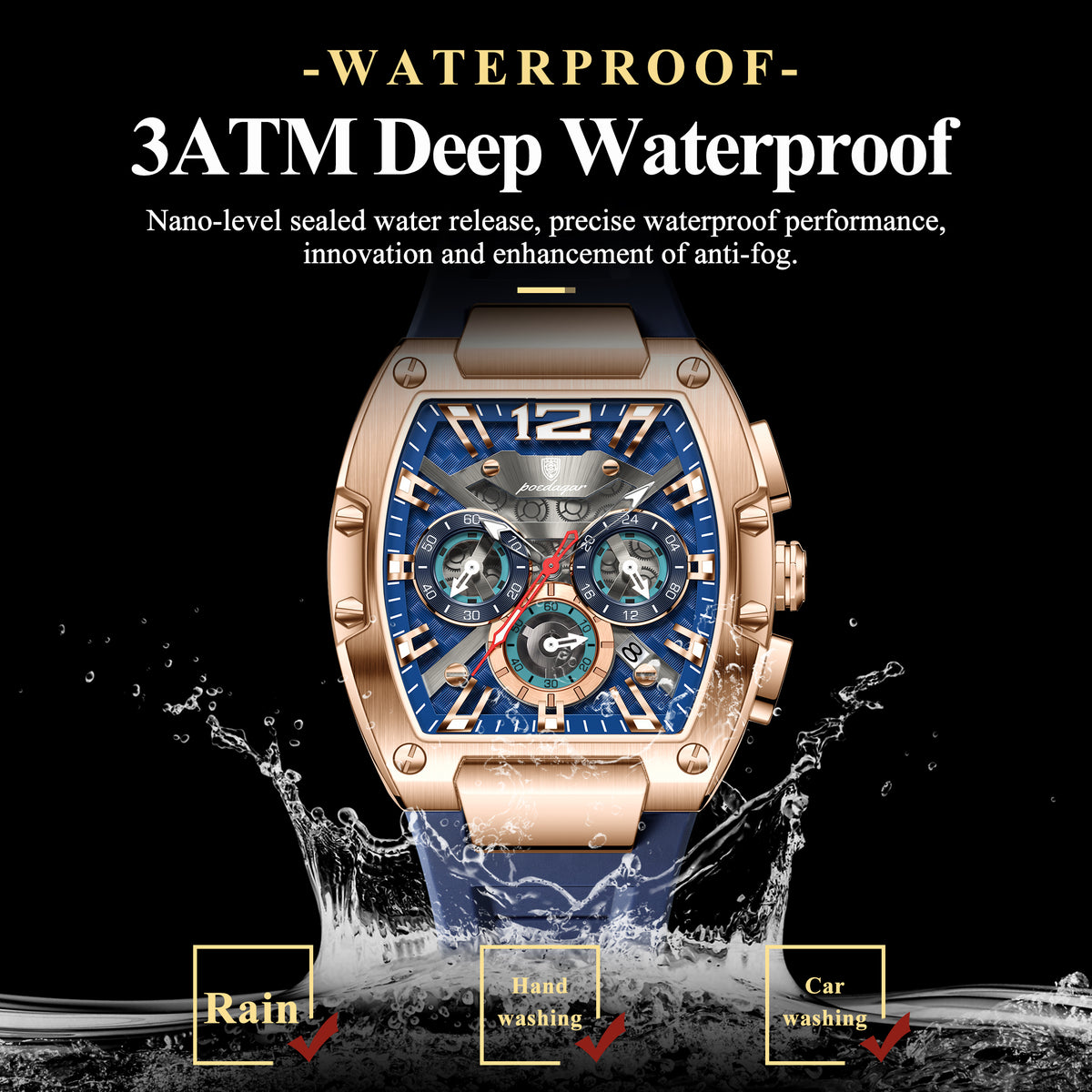 Poedagar Luxury Mens Sport Watch Tonneau Case Silicone Strap  Waterproof 9051
