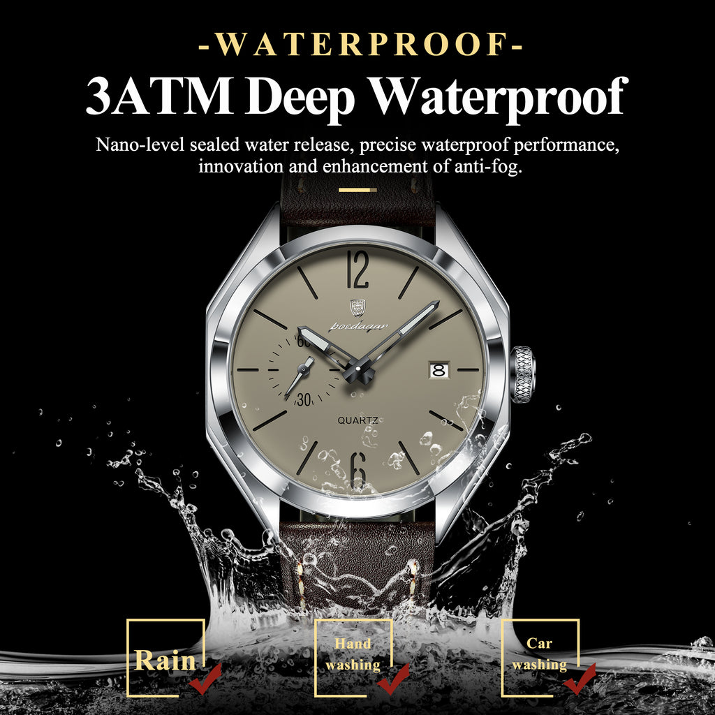 Poedagar Men Quartz Watch Geometric Dial Leather Strap Waterproof Casual Wrist Watch