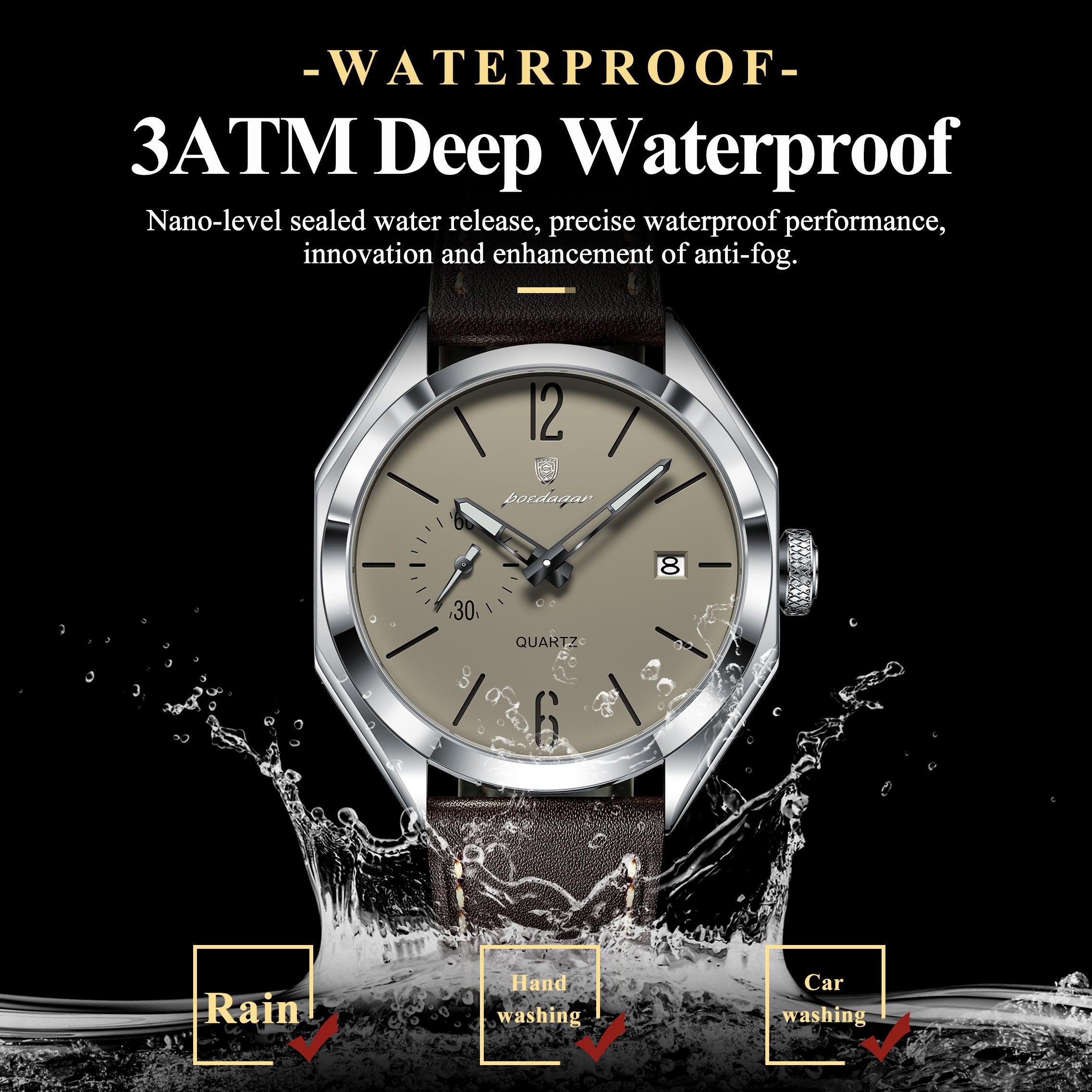 Poedagar Men Quartz Watch Geometric Dial Leather Strap Waterproof Casual Wrist Watch