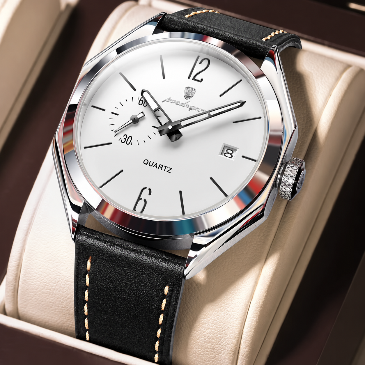Poedagar Men Quartz Watch Geometric Dial Leather Strap Waterproof Casual Wrist Watch