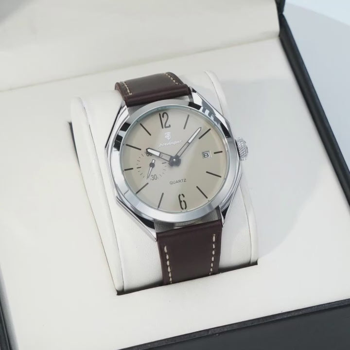 Poedagar Men Quartz Watch Geometric Dial Leather Strap Waterproof Casual Wrist Watch